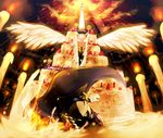  angel_wings bad_id bad_pixiv_id birthday_cake cake candle cape caramel_(artist) food galacta_knight galaxia_(sword) gloves glowing glowing_eyes kirby kirby_(series) mask meta_knight multiple_boys no_humans pauldrons sword weapon wings yellow_eyes 