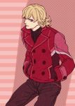  adapted_costume barnaby_brooks_jr blonde_hair coat green_eyes hands_in_pockets male_focus mamemo_(daifuku_mame) solo superhero tiger_&amp;_bunny 