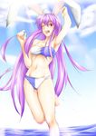  ;d animal_ears arm_up armpits bikini breasts bunny_ears highres medium_breasts navel niwatazumi one_eye_closed open_mouth purple_hair red_eyes reisen_udongein_inaba sketch smile solo swimsuit touhou 