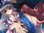  animal_ears bow breasts bunny_ears cleavage dress grey_hair hat irisu_kyouko irisu_shoukougun! long_hair medium_breasts open_clothes red_eyes risutaru solo striped striped_legwear thighhighs witch_hat 