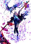  39 absurdres blue_eyes blue_hair boots detached_sleeves floating_hair flower hatsune_miku highres long_hair necktie scythe shirayuki_towa skirt solo thigh_boots thighhighs twintails vocaloid 