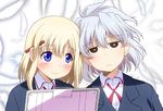  aislinn_wishart behind_ear blonde_hair blue_eyes blush brown_eyes feathers kosegawa_shiromi marker miyamori_school_uniform multiple_girls pen saki short_hair smile umekichi white_hair 