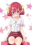  bespectacled glasses hoshizora_miyuki pink-framed_eyewear pink_eyes pink_hair plaid precure shirt short_hair short_twintails sitting skirt smile smile_precure! solo star starry_background tokunou_shoutarou twintails white_background 