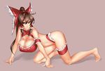  arm_garter arm_support bare_shoulders barefoot bent_over bow breasts brown_eyes brown_hair cleavage eu03 frills full_body hair_bow hakurei_reimu huge_breasts leg_garter long_hair ponytail simple_background solo touhou 