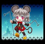  alternate_costume animal_ears black_legwear bow castle detached_sleeves disneyland dowsing_rod grey_hair iris_anemone mouse_ears mouse_tail nazrin open_mouth puffy_sleeves red_eyes short_hair solo star tail thighhighs touhou vest 