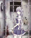  alternate_eye_color bad_id bad_pixiv_id blood bow braid departed hair_bow izayoi_sakuya maid maid_headdress newspaper pocket_watch prison puffy_sleeves purple_eyes short_hair short_sleeves silver_hair solo touhou twin_braids watch 