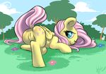  angel_(mlp) anus atryl atrylplus blush butt cutie_mark equine female feral flower fluttershy_(mlp) friendship_is_magic hair horse lagomorph lying male mammal my_little_pony outside pegasus pink_hair pony presenting presenting_hindquarters pussy rabbit showing_off tree wings wood 