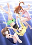  :d :o barefoot bikini blonde_hair blue_eyes bow brown_hair casual_one-piece_swimsuit fate_testarossa freediving hair_bobbles hair_ornament long_hair lyrical_nanoha mahou_shoujo_lyrical_nanoha mahou_shoujo_lyrical_nanoha_a's multiple_girls navel one-piece_swimsuit open_mouth red_eyes school_swimsuit short_hair short_twintails smile sumeragi_kou swimming swimsuit takamachi_nanoha twintails underwater yagami_hayate 