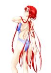  ass back blue_eyes blush braid competition_swimsuit highres hong_meiling long_hair niwatazumi no_hat no_headwear one-piece_swimsuit red_hair simple_background smile solo swimsuit touhou twin_braids very_long_hair white_background 