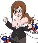  assisted_exposure bare_shoulders black_eyes bra breasts brown_hair glasses large_breasts long_hair nipples panties panties_under_pantyhose pantyhose ponytail rhythm_tengoku skirt skirt_pull solo underwear youkan 