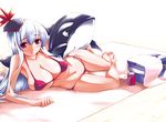  arm_support bare_shoulders bikini blue_hair blush breasts can cleavage curvy feet hat inflatable_toy kamishirasawa_keine large_breasts long_hair looking_at_viewer lying on_side oohira_sunset red_eyes soda_can solo swimsuit touhou whale 