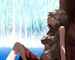  against_tree arm_support breasts dappled_sunlight highres inubashiri_momiji mazuka_kei medium_breasts profile red_eyes shade short_hair silver_hair sitting solo sunlight touhou tree tree_shade water waterfall 