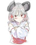  animal_ears bangs blush blush_stickers cosplay crossed_arms detached_sleeves grey_hair hair_tubes hakurei_reimu hakurei_reimu_(cosplay) looking_at_viewer mouse_ears nazrin pout red_eyes sape_(saperon_black) short_hair simple_background sketch solo touhou upper_body white_background wide_sleeves 