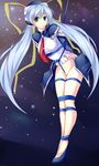  bdsm blue_hair blue_rope bondage bound cable capelet crotch_rope faulds green_eyes hat high_heels highres hoshino_yumemi long_hair maullarmaullar necktie no_panties planetarian pussy rope shibari shibari_over_clothes shoes solo sweat tie_clip twintails very_long_hair 
