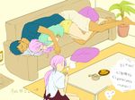  2girls aomine_daiki apron blue_hair cliniclowns closed_eyes couch dark_skin food hug hug_from_behind kuroko_no_basuke long_hair lying momoi_satsuki mother_and_daughter multiple_girls pillow pink_hair short_hair sleeping tea translated 