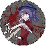  album_cover blood character_name circle cover hat looking_at_viewer loxodon miyako_yoshika open_mouth outstretched_arms purple_eyes purple_hair smile solo touhou zombie_pose 