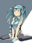  bare_shoulders blush grey_background hatsune_miku headphones holding holding_panties long_hair necktie no_panties panties proyumer simple_background sitting skirt skirt_lift sleeveless solo striped striped_panties surprised underwear v_arms vocaloid wariza white_background wind wind_lift 