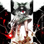  :d alternate_weapon arm_cannon bad_id bad_pixiv_id black_eyes black_hair bow cape character_name hair_bow highres long_hair mare_(sunanako) open_mouth reiuji_utsuho skirt smile solo symbol-shaped_pupils third_eye touhou v-shaped_eyebrows weapon wings 