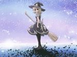  apron black_legwear blonde_hair bow braid broom dress from_behind hair_bow hat hat_bow kirisame_marisa long_hair looking_back pantyhose petals risutaru short_sleeves side_braid sky solo star_(sky) starry_sky torn_clothes touhou waist_apron witch_hat yellow_eyes 