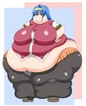  belly big_ass blue_hair breasts fat hairband obese red_eyes weight_gain 