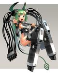  animal_ears breasts cable commentary_request crowbar fan fangs green_eyes green_hair horns katahira_masashi medium_breasts nvidia open_mouth personification pointy_ears sideboob solo tail video_card 