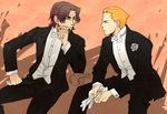  blonde_hair blue_eyes bow bowtie brown_hair corsage facial_hair fate/zero fate_(series) formal gloves gloves_removed goatee kayneth_el-melloi_archibald male_focus multiple_boys suit sunday31 toosaka_tokiomi white_gloves 