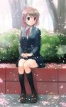  bangs black_legwear blazer brown_footwear brown_hair bush cherry_blossoms day eyebrows_visible_through_hair full_body ikeda_jun_(mizutamari) jacket kneehighs loafers long_sleeves looking_away original outdoors petals school_uniform shoes short_hair sitting solo tree 