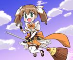  bow broom broom_riding brown_hair dog_days fingerless_gloves gloves green_eyes hair_ribbon kuromitu_(kageneko) rebecca_anderson ribbon solo thighhighs twintails 