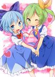  ;) blue_eyes blue_hair blush bow cirno daiyousei dress fang green_eyes green_hair hair_bow hair_ornament hair_ribbon hairclip hairpin heart heart_arms jigatei_(omijin) looking_at_viewer multiple_girls one_eye_closed ribbon short_hair side_ponytail smile touhou 