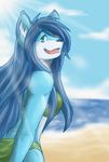  bikini blue_fur blue_hair canine clothed clothing female fox fur green_eyes hair hybrid looking_at_viewer mammal midriff rikitsu seaside skimpy solo swimsuit water wolf 