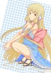  bare_shoulders blonde_hair chii chobits dress full_body high_heels long_hair muffin_(sirumeria) off_shoulder plaid plaid_background robot_ears shoes solo squatting twintails 