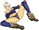  ahoge angel_(kof) bare_shoulders blue_eyes boots breasts fingerless_gloves full_body gloves hair_over_one_eye jacket large_breasts navel open_clothes open_jacket short_hair shorts silver_hair simple_background solo st.germain-sal the_king_of_fighters thighhighs 