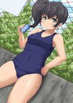  bad_id bad_pixiv_id banned_artist black_hair blue_eyes can chain-link_fence fence highres long_hair one-piece_swimsuit original school_swimsuit side_ponytail soda_can swimsuit uji_yuki 