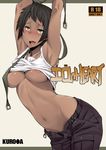  ahegao areola_slip areolae armpits arms_up bad_id bad_pixiv_id black_hair blush breasts cover cover_page dark_skin florence_(unlight) kurowa large_breasts navel open_mouth saliva shirt_lift short_hair solo tank_top underboob unlight yellow_eyes 