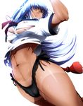  arms_up black_panties blue_eyes blue_hair breasts highres katana lace lace-trimmed_panties large_breasts long_hair looking_at_viewer navel no_pants original panties sheath shirt side-tie_panties solo sweat sword tan tanline torn_clothes torn_shirt umakatsuhai underwear unsheathing weapon 