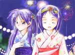  blush closed_eyes fireworks hiiragi_kagami hiiragi_tsukasa japanese_clothes jason_(kaiten_kussaku_kikou) kimono long_hair lucky_star multiple_girls open_mouth purple_hair short_hair siblings sisters smile twins yukata 