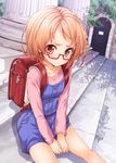  backpack bag brown_eyes brown_hair glasses overalls precure randoseru red-framed_eyewear shirabe_ako shirt short_hair sitting sitting_on_stairs solo stairs suite_precure tokunou_shoutarou 