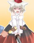  ^_^ anger_vein animal_ears bad_id bad_pixiv_id chocolate_banana closed_eyes commentary detached_sleeves grey_hair hammer_(sunset_beach) hat inubashiri_momiji open_mouth short_hair skirt smile solo sprinkles sword tokin_hat touhou weapon wolf_ears 