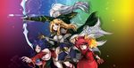  ahri animal_ears annie_hastur ashe_(league_of_legends) bare_shoulders blonde_hair blue_eyes blue_hair bow_(weapon) braid breasts cleavage detached_sleeves facial_mark fox_ears fox_tail highres hoshinokaoru large_breasts league_of_legends long_hair luxanna_crownguard multiple_girls pink_hair short_hair staff stuffed_animal stuffed_toy tail very_long_hair weapon whisker_markings 