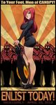  2012 bare_legs breasts hair_over_one_eye high_heels krieg_(skullgirls) large_breasts lips long_hair miniskirt parasoul_(skullgirls) poster propaganda red_eyes red_hair robert_porter salute shoes skirt skullgirls soldier solo umbrella 