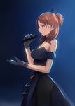  black_dress brown_eyes brown_hair dress from_side houjou_karen idolmaster idolmaster_cinderella_girls long_dress microphone solo yuki_usagi_(mofurafu) 