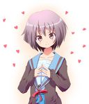  bad_id bad_pixiv_id brown_eyes cardigan grey_hair heart kita_high_school_uniform nagato_yuki school_uniform serafuku short_hair smile solo suzumiya_haruhi_no_yuuutsu take_(office-t) 