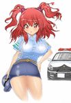  blush breasts car ground_vehicle hair_bobbles hair_ornament hat hat_removed headwear_removed huge_breasts impossible_clothes impossible_shirt miniskirt motor_vehicle onozuka_komachi police police_car police_uniform policewoman red_eyes red_hair shirt skirt solo taut_clothes taut_shirt touhou two_side_up uniform yoru_ha 