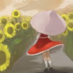  dress field flower flower_field from_behind kazami_yuuka magical_ondine plaid plaid_dress socks solo sunflower touhou umbrella wind wind_lift 