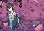  argyle argyle_background bad_id bad_pixiv_id black_hair brown_eyes coat doll frown jude_mathis male_focus purple purple_background tales_of_(series) tales_of_xillia teepo_(tales) too_many znc 