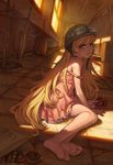  bakemonogatari bare_shoulders barefoot blonde_hair brown_eyes chair doughnut dress feet food food_on_face full_body goggles goggles_on_head goggles_on_headwear hat highres holding indoors legs lips long_hair long_legs looking_at_viewer md5_mismatch monogatari_(series) on_floor oshino_shinobu shade sitting soles solo speh strap_slip sunlight sweat toes very_long_hair watermark web_address window yellow_eyes yokozuwari 