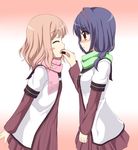  blonde_hair blue_hair blush blush_stickers brown_eyes chocolate dress eyebrows_visible_through_hair feeding food furutani_himawari hairband highres long_sleeves multiple_girls nanamori_school_uniform oomuro_sakurako sailor_dress scarf school_uniform serafuku short_over_long_sleeves short_sleeves sogaya yuru_yuri 