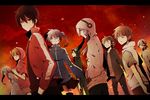  5boys amamiya_hibiya ene_(kagerou_project) everyone hood hooded_jacket hoodie jacket kagerou_project kano_shuuya kido_tsubomi kisaragi_momo kisaragi_shintarou konoha_(kagerou_project) kozakura_marry multiple_boys multiple_girls noru_(lila2) open_clothes open_jacket red seto_kousuke sweater_vest thighhighs track_jacket vocaloid 