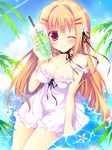  ;) blonde_hair blush breasts brown_eyes choker cleavage drink drinking_straw food frills hair_intakes hair_ornament hair_ribbon hairpin holding ice_cream ice_cream_float large_breasts long_hair looking_at_viewer melon_soda neck_ribbon off_shoulder one_eye_closed original partially_submerged ribbon ribbon_choker sakura_hanpen sleeveless smile solo water 