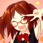 ;d blew_andwhite blush bow bowtie brown_hair close-up face fang glasses hisakawa_kaede looking_at_viewer one_eye_closed open_mouth original pink_background red-framed_eyewear red_eyes simple_background smile solo star twintails upper_body v 